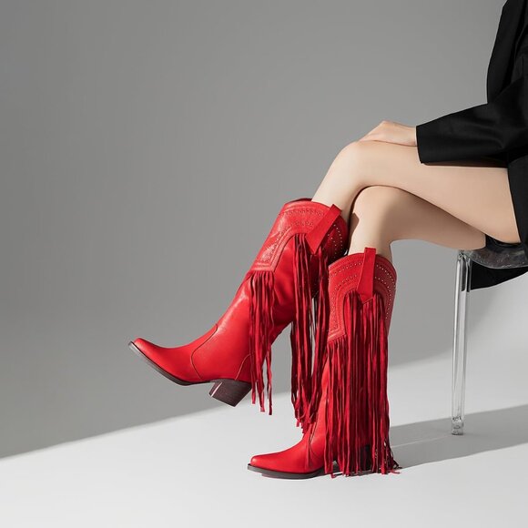 Women's Fashion Pointed Toe Chunky Pull On Knee High Heel Embroidered Red Boot - Picture 8 of 8